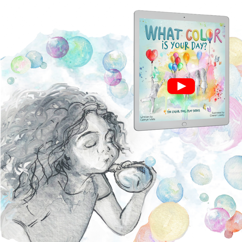 Interior illustration and cover of What Color is Your Day? with a video play button